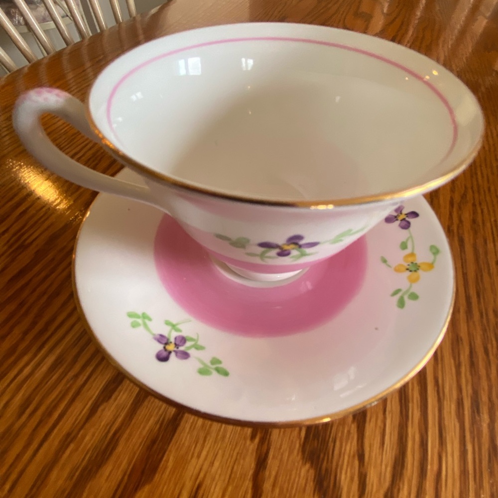 Delphine China Made in England #1995 Teacup and Saucer, Pink and Floral
